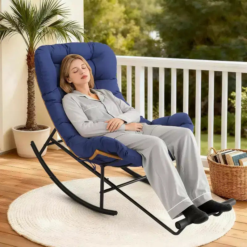 COZONY Juego de mecedora Papasan de 2 piezas, extragrande con reposapiés, cojín grueso extraíble, estructura de metal, ratán PE para patio, porche, jardín, sala de estar