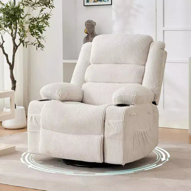 360 Swivel Rocker Recliner Chair for Adults, Rocking Manual Glider Sofa with 3 Positions, 2 Cup Holders, 4 Pockets for Nursery, Living Room, Bedroom
