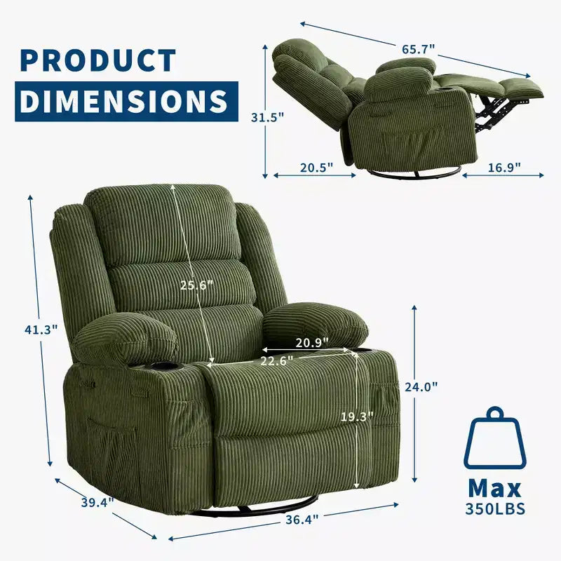 360 Swivel Rocker Recliner Chair for Adults, Rocking Manual Glider Sofa with 3 Positions, 2 Cup Holders, 4 Pockets for Nursery, Living Room, Bedroom