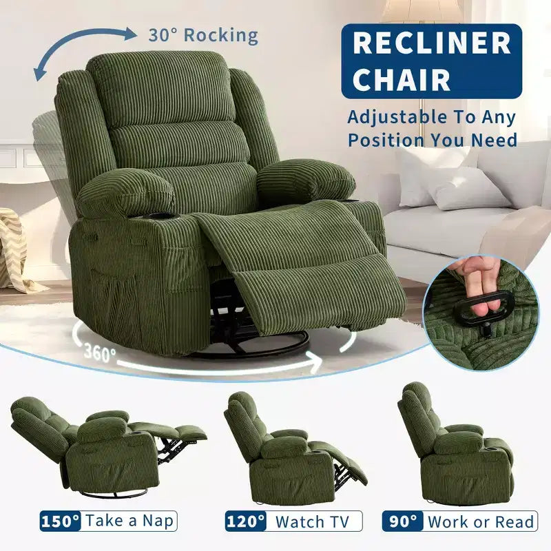 360 Swivel Rocker Recliner Chair for Adults, Rocking Manual Glider Sofa with 3 Positions, 2 Cup Holders, 4 Pockets for Nursery, Living Room, Bedroom