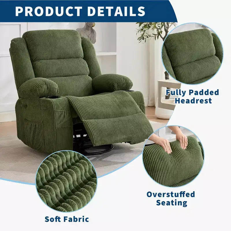 360 Swivel Rocker Recliner Chair for Adults, Rocking Manual Glider Sofa with 3 Positions, 2 Cup Holders, 4 Pockets for Nursery, Living Room, Bedroom