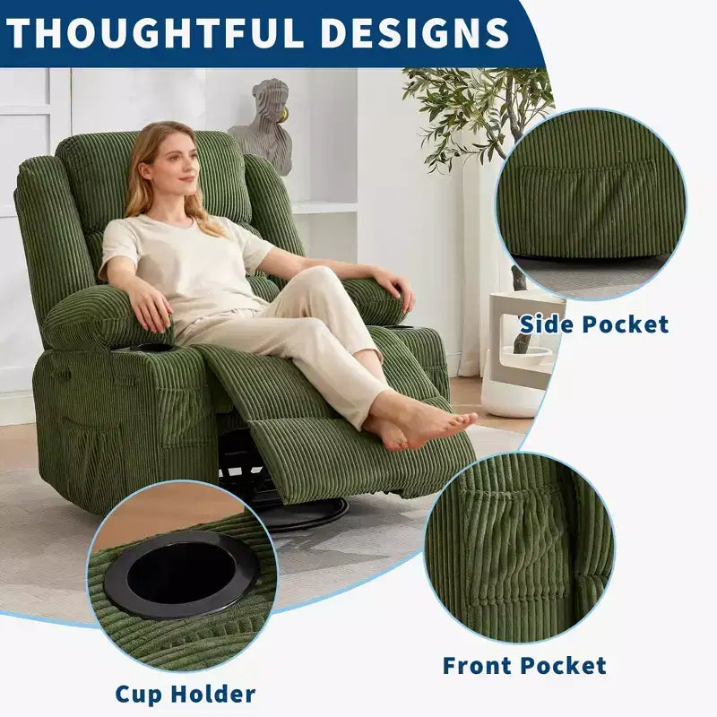 360 Swivel Rocker Recliner Chair for Adults, Rocking Manual Glider Sofa with 3 Positions, 2 Cup Holders, 4 Pockets for Nursery, Living Room, Bedroom