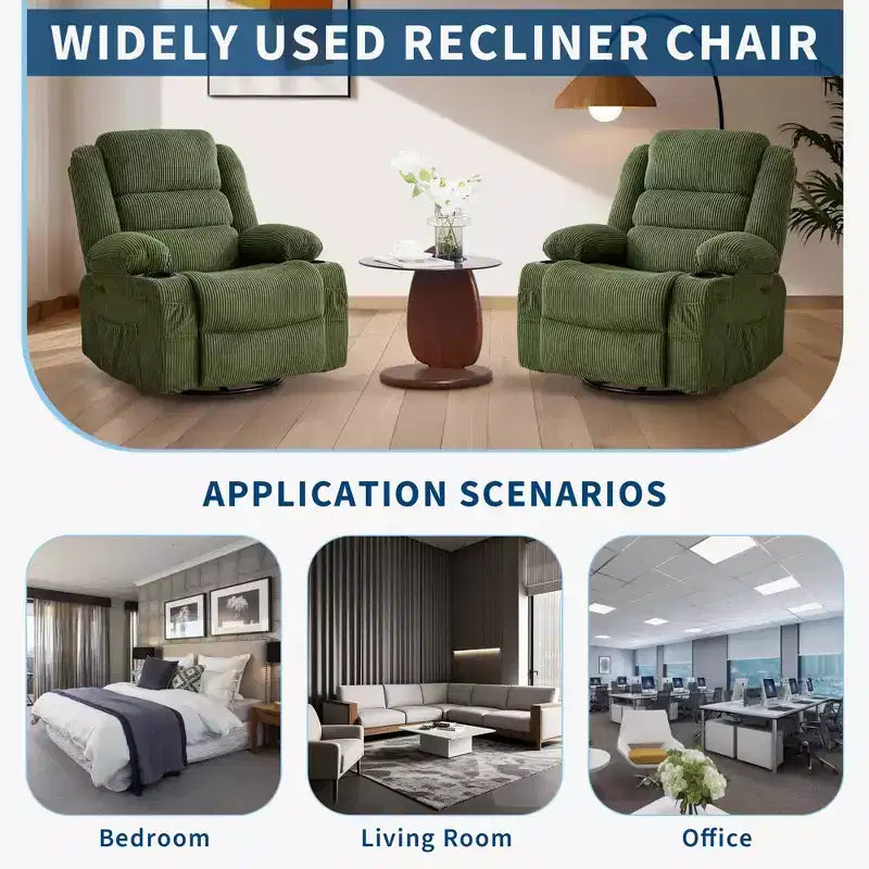 360 Swivel Rocker Recliner Chair for Adults, Rocking Manual Glider Sofa with 3 Positions, 2 Cup Holders, 4 Pockets for Nursery, Living Room, Bedroom