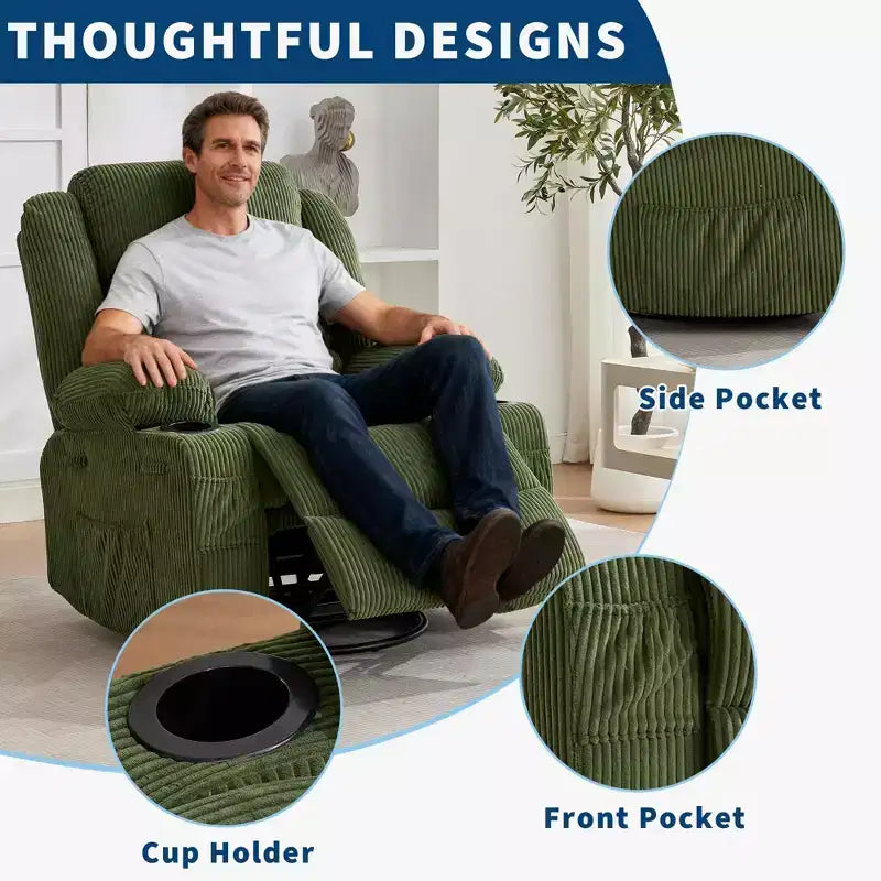 360 Swivel Rocker Recliner Chair for Adults, Rocking Manual Glider Sofa with 3 Positions, 2 Cup Holders, 4 Pockets for Nursery, Living Room, Bedroom