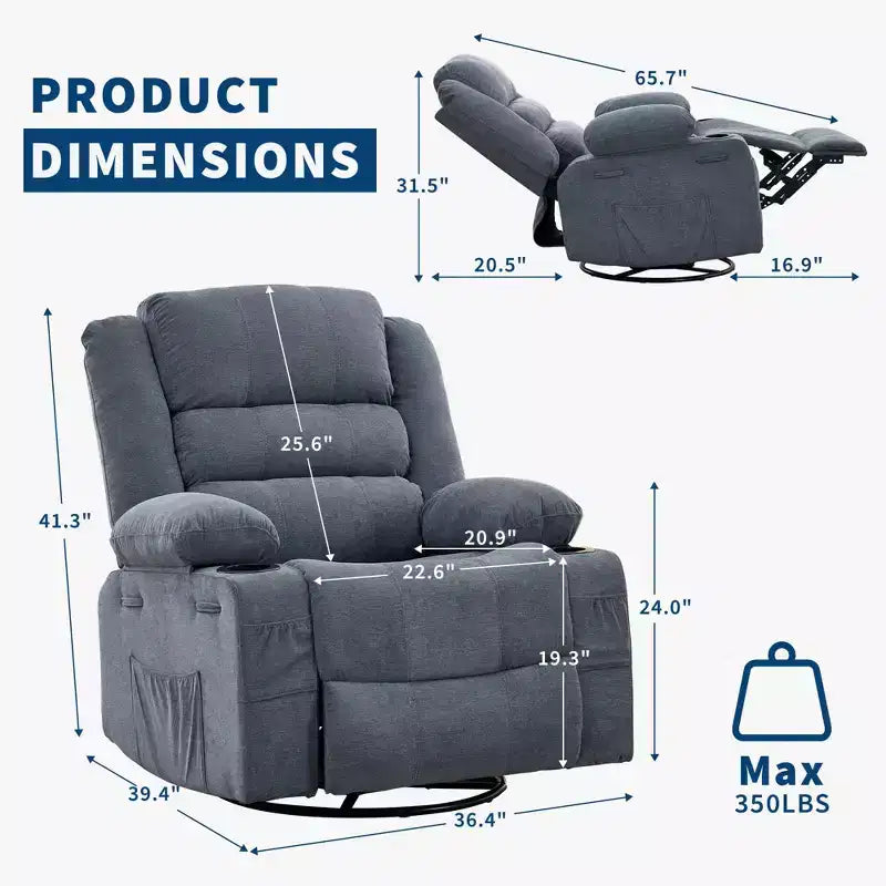 360 Swivel Rocker Recliner Chair for Adults, Rocking Manual Glider Sofa with 3 Positions, 2 Cup Holders, 4 Pockets for Nursery, Living Room, Bedroom