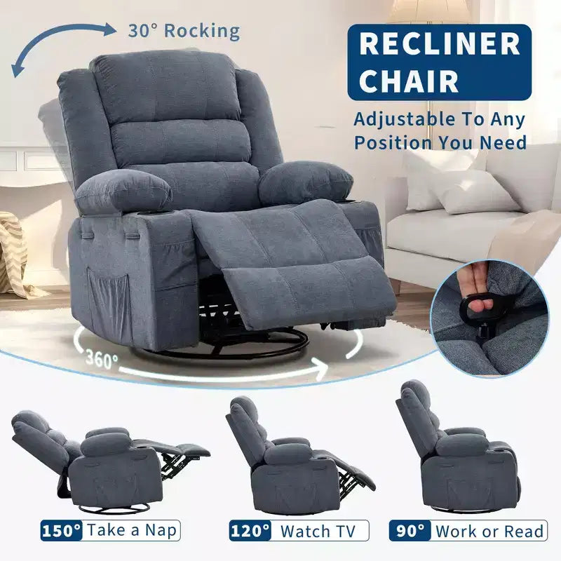 360 Swivel Rocker Recliner Chair for Adults, Rocking Manual Glider Sofa with 3 Positions, 2 Cup Holders, 4 Pockets for Nursery, Living Room, Bedroom