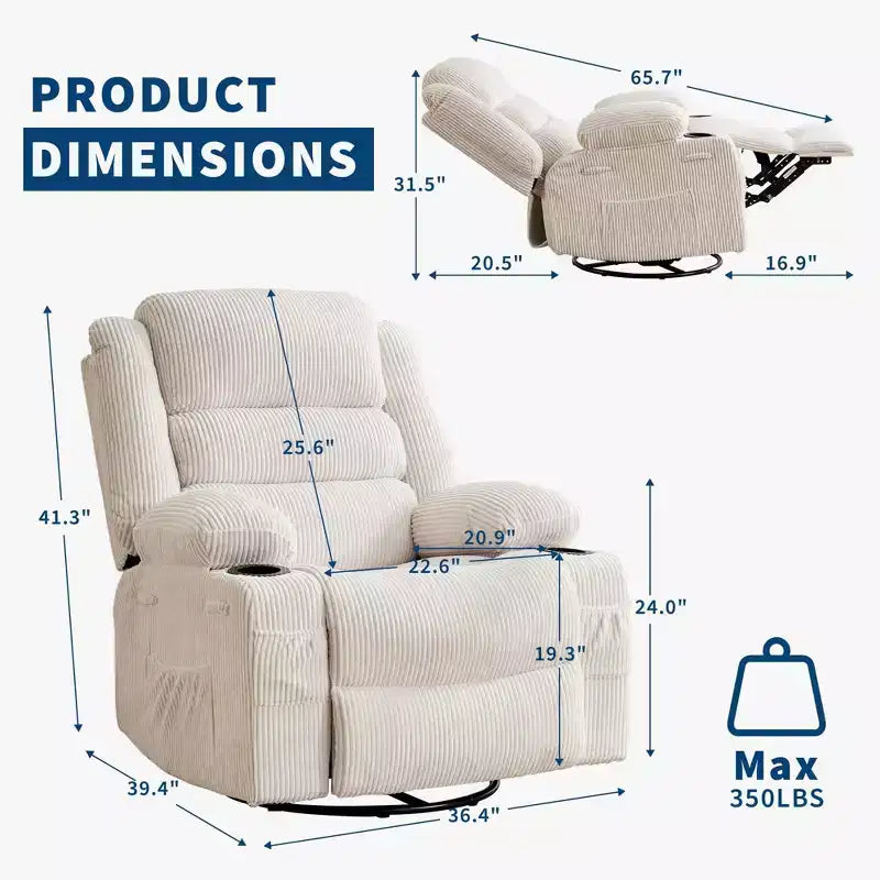 360 Swivel Rocker Recliner Chair for Adults, Rocking Manual Glider Sofa with 3 Positions, 2 Cup Holders, 4 Pockets for Nursery, Living Room, Bedroom
