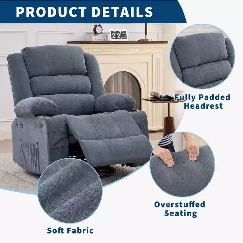 360 Swivel Rocker Recliner Chair for Adults, Rocking Manual Glider Sofa with 3 Positions, 2 Cup Holders, 4 Pockets for Nursery, Living Room, Bedroom