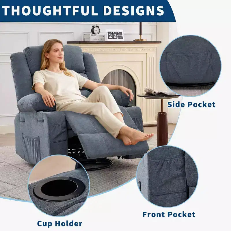 360 Swivel Rocker Recliner Chair for Adults, Rocking Manual Glider Sofa with 3 Positions, 2 Cup Holders, 4 Pockets for Nursery, Living Room, Bedroom