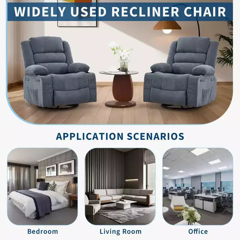 360 Swivel Rocker Recliner Chair for Adults, Rocking Manual Glider Sofa with 3 Positions, 2 Cup Holders, 4 Pockets for Nursery, Living Room, Bedroom