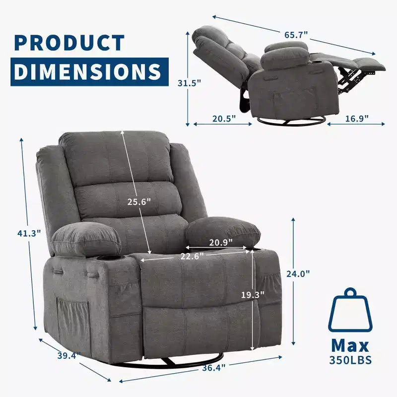 360 Swivel Rocker Recliner Chair for Adults, Rocking Manual Glider Sofa with 3 Positions, 2 Cup Holders, 4 Pockets for Nursery, Living Room, Bedroom
