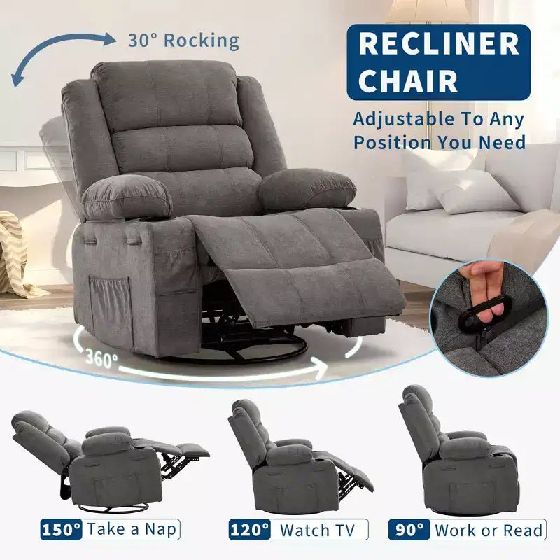 360 Swivel Rocker Recliner Chair for Adults, Rocking Manual Glider Sofa with 3 Positions, 2 Cup Holders, 4 Pockets for Nursery, Living Room, Bedroom