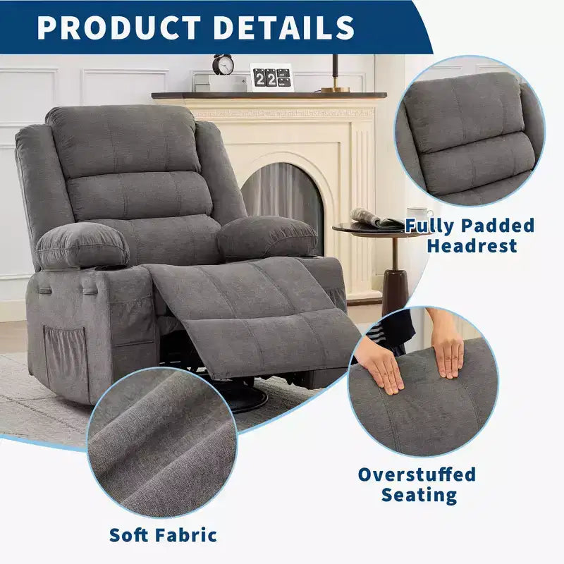 360 Swivel Rocker Recliner Chair for Adults, Rocking Manual Glider Sofa with 3 Positions, 2 Cup Holders, 4 Pockets for Nursery, Living Room, Bedroom