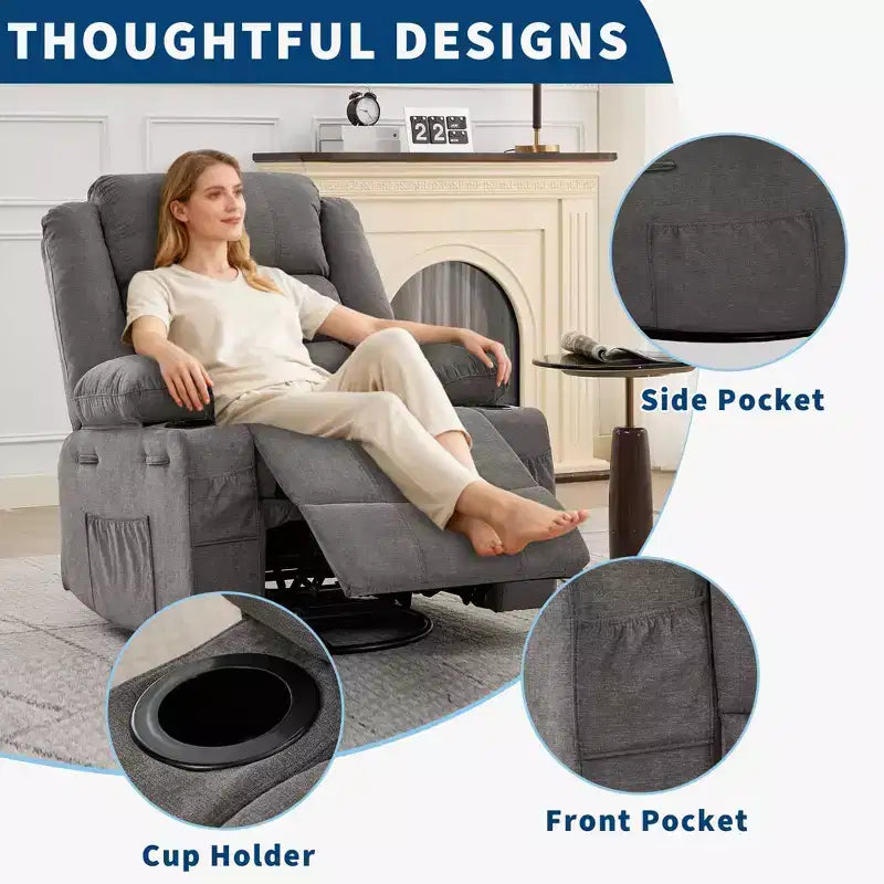 360 Swivel Rocker Recliner Chair for Adults, Rocking Manual Glider Sofa with 3 Positions, 2 Cup Holders, 4 Pockets for Nursery, Living Room, Bedroom