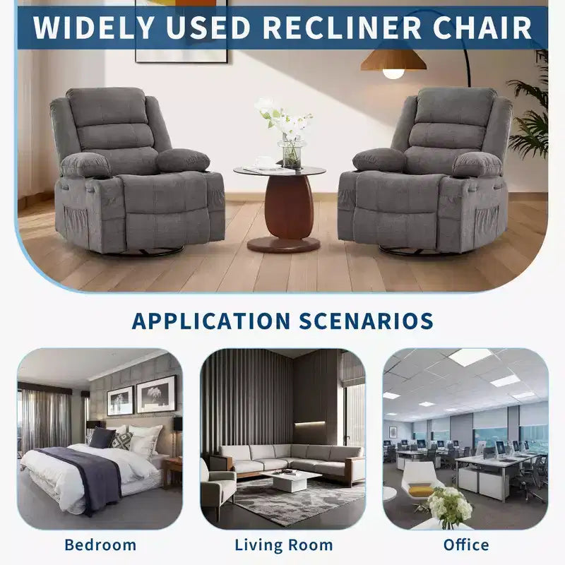 360 Swivel Rocker Recliner Chair for Adults, Rocking Manual Glider Sofa with 3 Positions, 2 Cup Holders, 4 Pockets for Nursery, Living Room, Bedroom