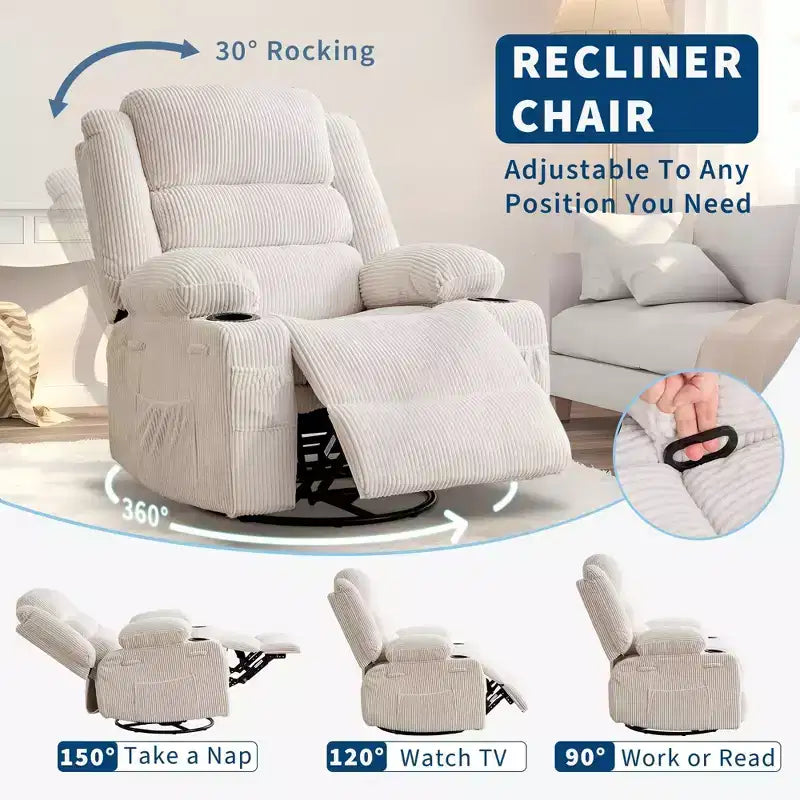 360 Swivel Rocker Recliner Chair for Adults, Rocking Manual Glider Sofa with 3 Positions, 2 Cup Holders, 4 Pockets for Nursery, Living Room, Bedroom