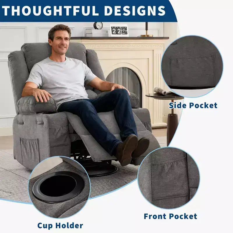 360 Swivel Rocker Recliner Chair for Adults, Rocking Manual Glider Sofa with 3 Positions, 2 Cup Holders, 4 Pockets for Nursery, Living Room, Bedroom