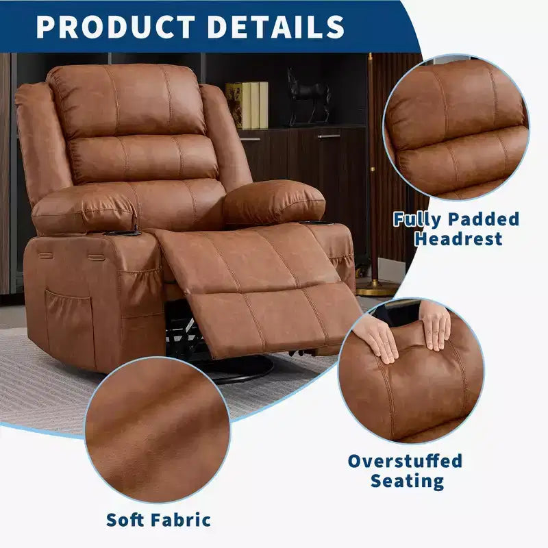 360 Swivel Rocker Recliner Chair for Adults, Rocking Manual Glider Sofa with 3 Positions, 2 Cup Holders, 4 Pockets for Nursery, Living Room, Bedroom