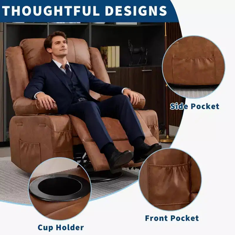 360 Swivel Rocker Recliner Chair for Adults, Rocking Manual Glider Sofa with 3 Positions, 2 Cup Holders, 4 Pockets for Nursery, Living Room, Bedroom
