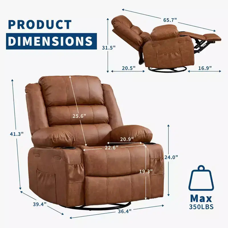 360 Swivel Rocker Recliner Chair for Adults, Rocking Manual Glider Sofa with 3 Positions, 2 Cup Holders, 4 Pockets for Nursery, Living Room, Bedroom
