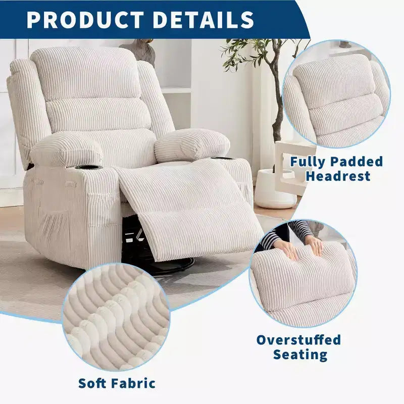 360 Swivel Rocker Recliner Chair for Adults, Rocking Manual Glider Sofa with 3 Positions, 2 Cup Holders, 4 Pockets for Nursery, Living Room, Bedroom