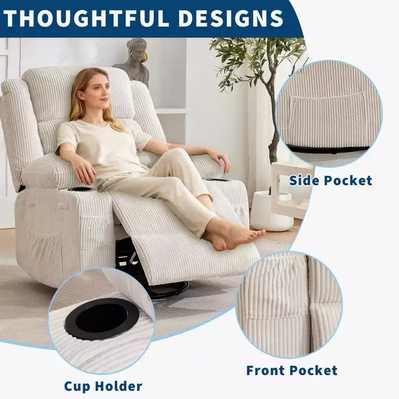 360 Swivel Rocker Recliner Chair for Adults, Rocking Manual Glider Sofa with 3 Positions, 2 Cup Holders, 4 Pockets for Nursery, Living Room, Bedroom