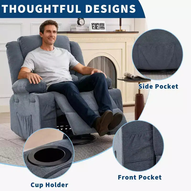 360 Swivel Rocker Recliner Chair for Adults, Rocking Manual Glider Sofa with 3 Positions, 2 Cup Holders, 4 Pockets for Nursery, Living Room, Bedroom