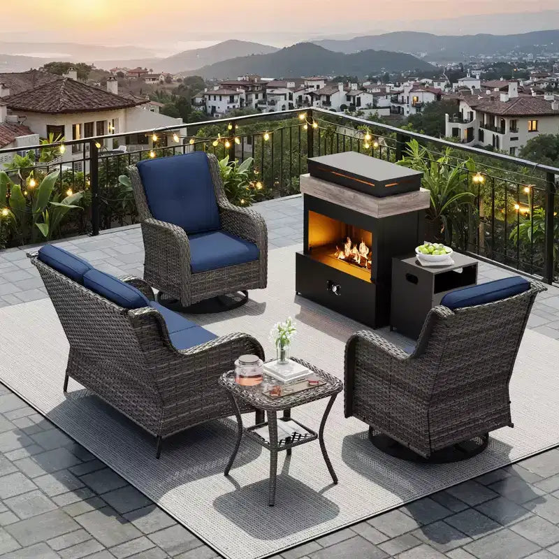Juego de exterior UPTIOT de 4 piezas: Calentador/Estante para chimenea, Silla acolchada y Mecedora giratoria