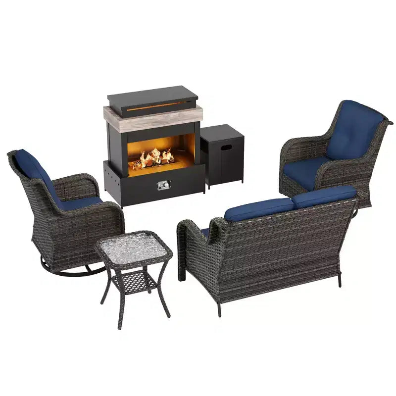 Juego de exterior UPTIOT de 4 piezas: Calentador/Estante para chimenea, Silla acolchada y Mecedora giratoria