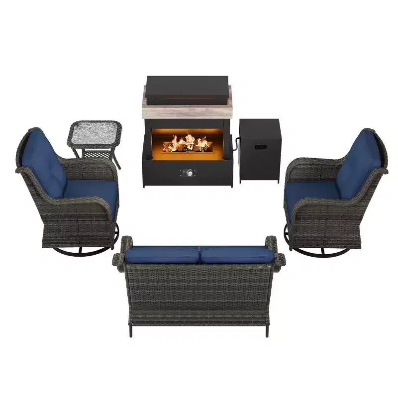 Juego de exterior UPTIOT de 4 piezas: Calentador/Estante para chimenea, Silla acolchada y Mecedora giratoria
