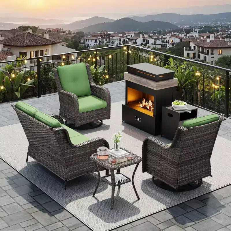 Juego de exterior UPTIOT de 4 piezas: Calentador/Estante para chimenea, Silla acolchada y Mecedora giratoria