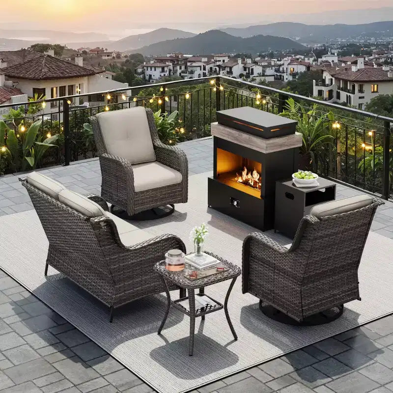 Juego de exterior UPTIOT de 4 piezas: Calentador/Estante para chimenea, Silla acolchada y Mecedora giratoria