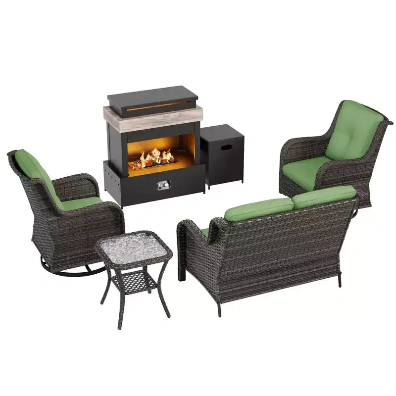 Juego de exterior UPTIOT de 4 piezas: Calentador/Estante para chimenea, Silla acolchada y Mecedora giratoria