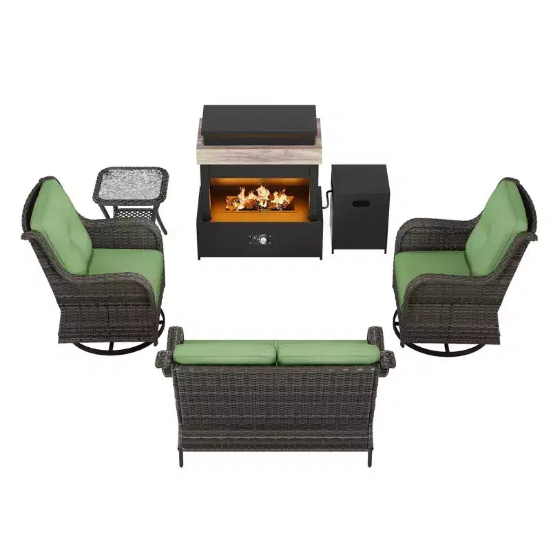 Juego de exterior UPTIOT de 4 piezas: Calentador/Estante para chimenea, Silla acolchada y Mecedora giratoria