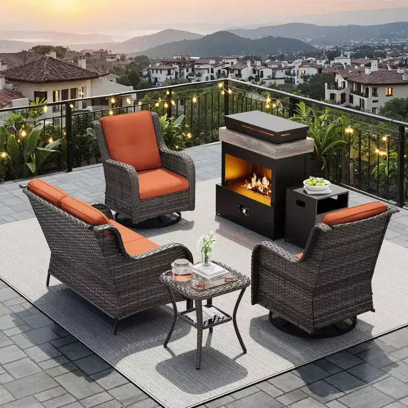 Juego de exterior UPTIOT de 4 piezas: Calentador/Estante para chimenea, Silla acolchada y Mecedora giratoria