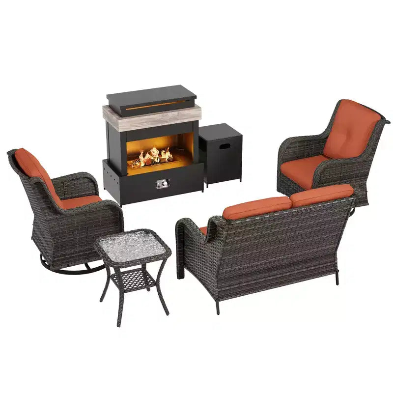 Juego de exterior UPTIOT de 4 piezas: Calentador/Estante para chimenea, Silla acolchada y Mecedora giratoria