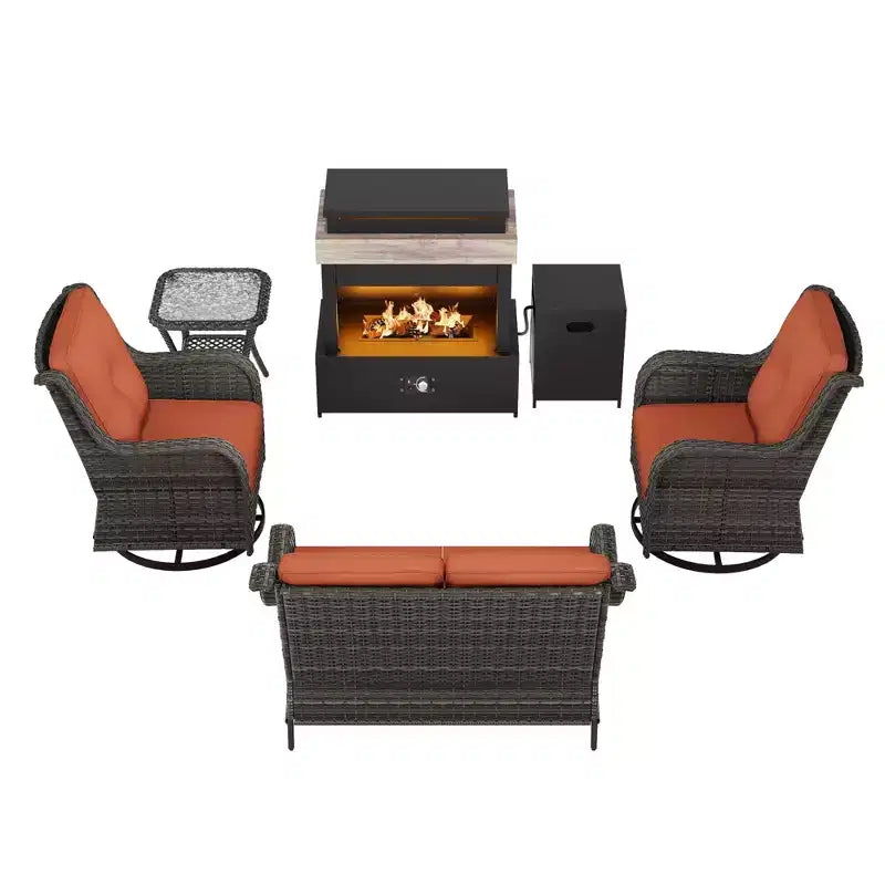 Juego de exterior UPTIOT de 4 piezas: Calentador/Estante para chimenea, Silla acolchada y Mecedora giratoria