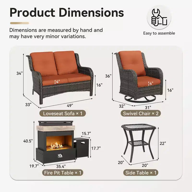 Juego de exterior UPTIOT de 4 piezas: Calentador/Estante para chimenea, Silla acolchada y Mecedora giratoria