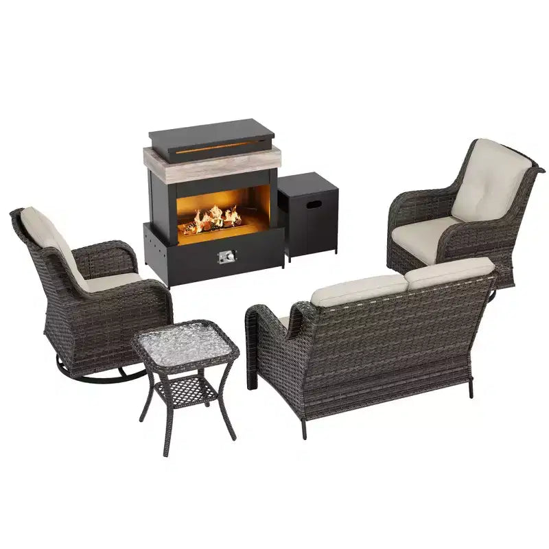 Juego de exterior UPTIOT de 4 piezas: Calentador/Estante para chimenea, Silla acolchada y Mecedora giratoria