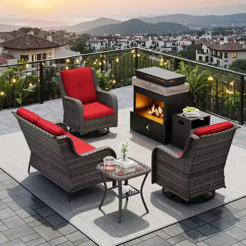 Juego de exterior UPTIOT de 4 piezas: Calentador/Estante para chimenea, Silla acolchada y Mecedora giratoria