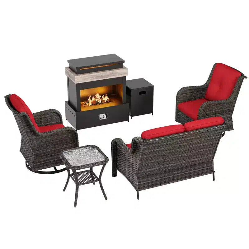Juego de exterior UPTIOT de 4 piezas: Calentador/Estante para chimenea, Silla acolchada y Mecedora giratoria