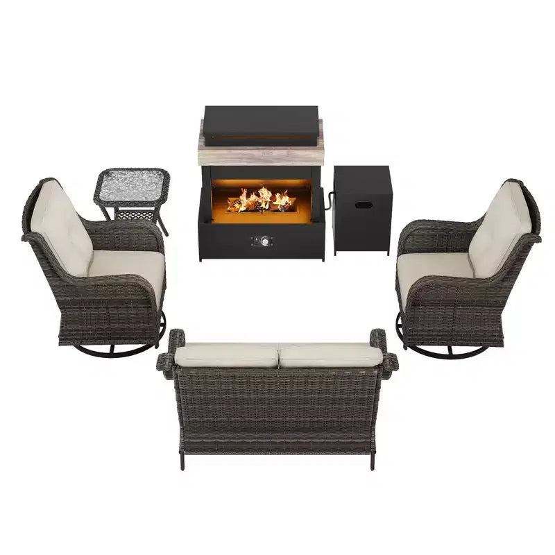 Juego de exterior UPTIOT de 4 piezas: Calentador/Estante para chimenea, Silla acolchada y Mecedora giratoria