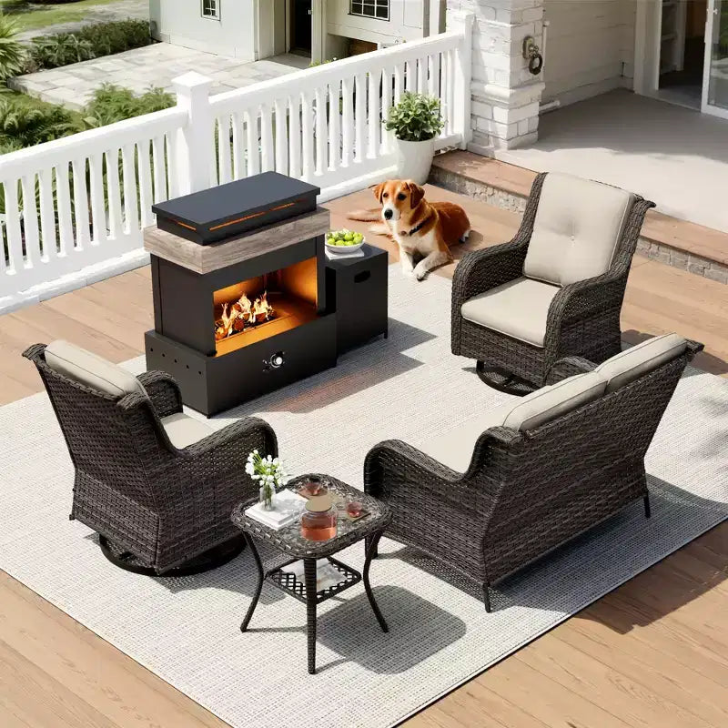 UPTIOT 4-Piece Outdoor Set: Fireplace Heater/Shelf,Cushioned Chair & Swivel Rocker