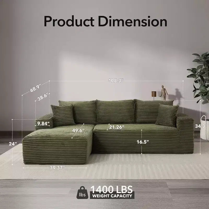 108-inch L-shaped Modular Sofa, Modern Deep Boneless Sofa Living Room, 3-seater, no Assembly Required