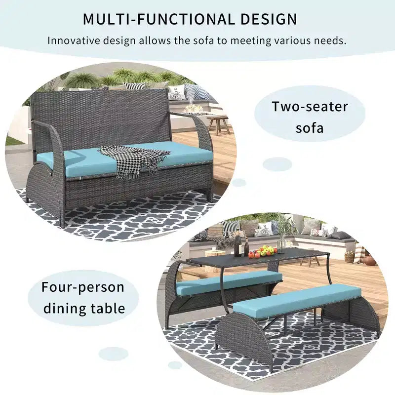 Sofá biplaza para patio exterior de ratán moderno, juego de conversación de 2 asientos, mesa de banco tapizado convertible para pícnic, mesa de pícnic portátil, sofá
