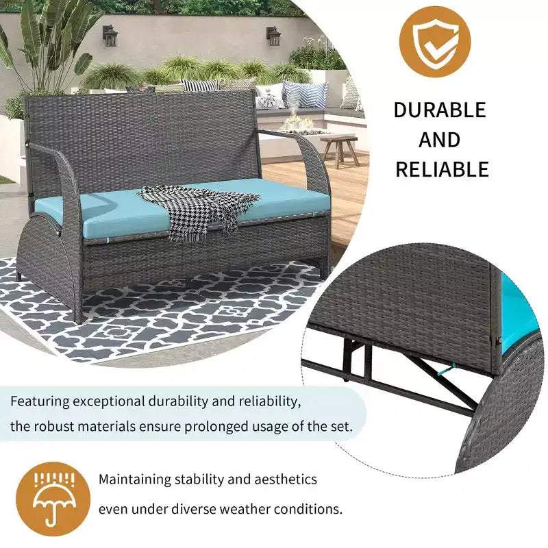 Sofá biplaza para patio exterior de ratán moderno, juego de conversación de 2 asientos, mesa de banco tapizado convertible para pícnic, mesa de pícnic portátil, sofá