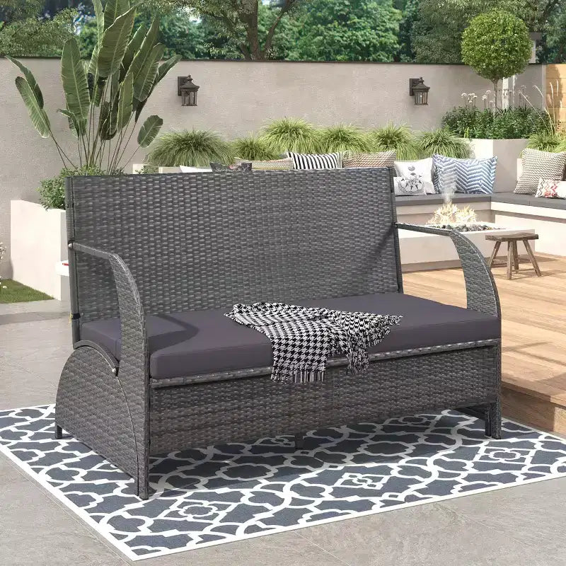Sofá biplaza para patio exterior de ratán moderno, juego de conversación de 2 asientos, mesa de banco tapizado convertible para pícnic, mesa de pícnic portátil, sofá