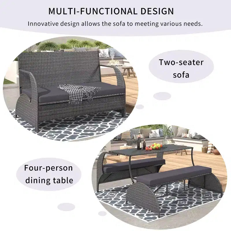Sofá biplaza para patio exterior de ratán moderno, juego de conversación de 2 asientos, mesa de banco tapizado convertible para pícnic, mesa de pícnic portátil, sofá