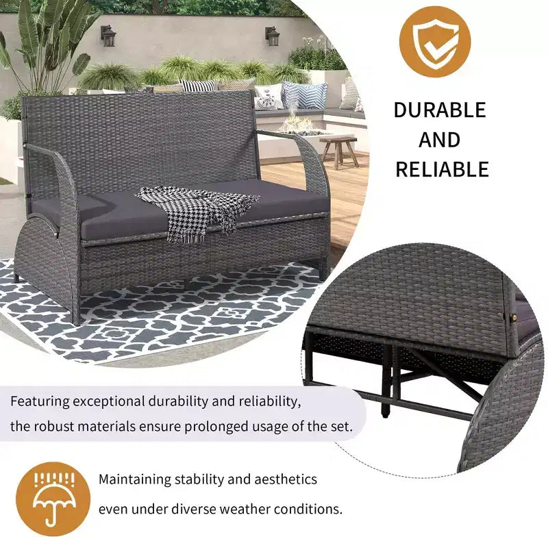 Sofá biplaza para patio exterior de ratán moderno, juego de conversación de 2 asientos, mesa de banco tapizado convertible para pícnic, mesa de pícnic portátil, sofá