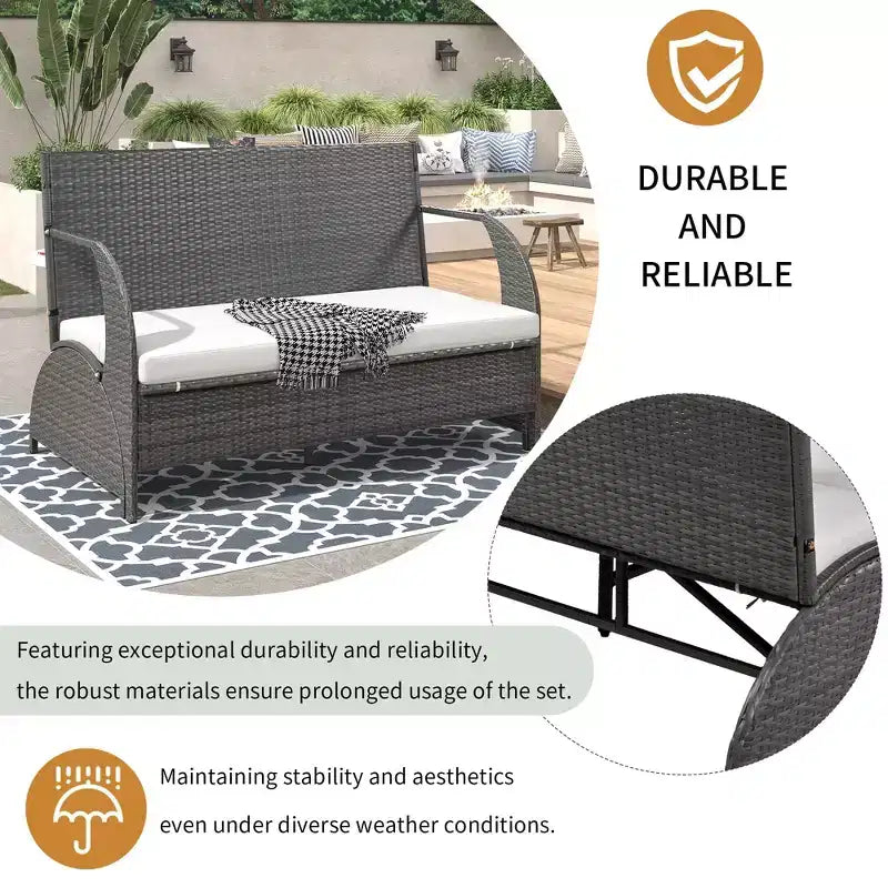 Sofá biplaza para patio exterior de ratán moderno, juego de conversación de 2 asientos, mesa de banco tapizado convertible para pícnic, mesa de pícnic portátil, sofá